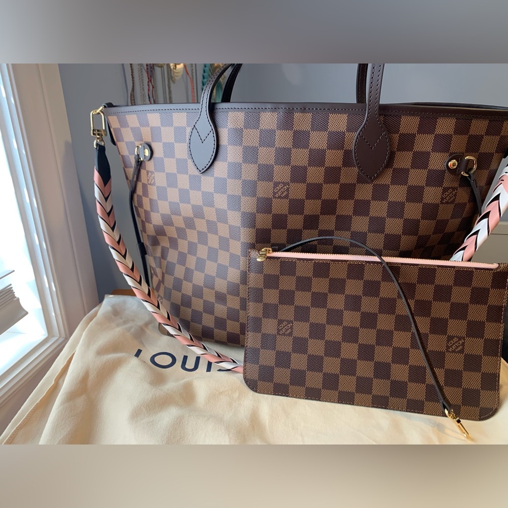 Louis Vuitton Braided Neverfull MM Damier Ebene Rose Ballerine